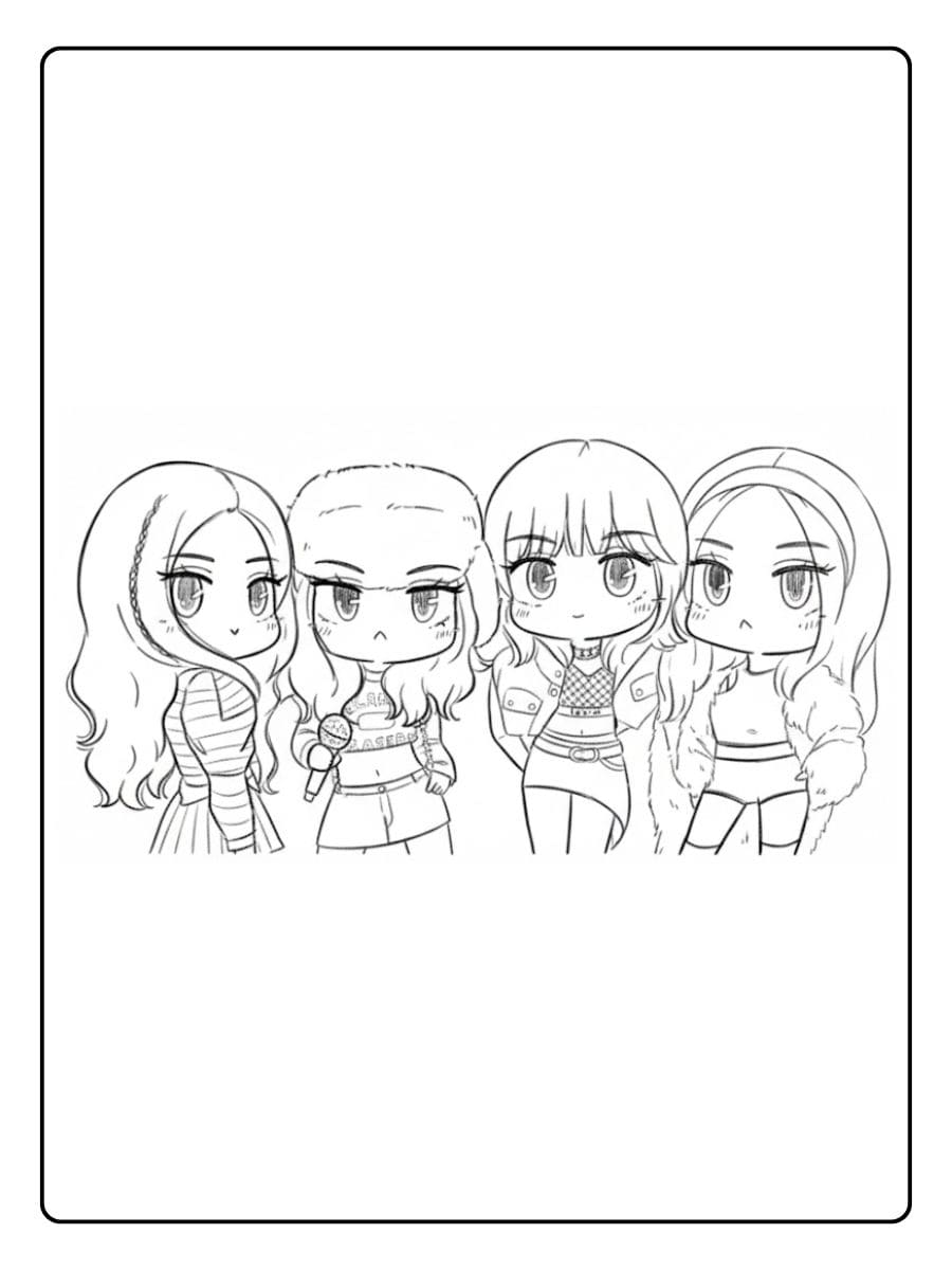 Blackpink Chibi en Tenues Modernes à Colorier Coloriage Blackpink Kawaii