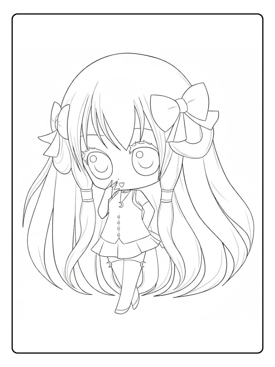 Chibi Girl with Bows Outline Coloriage Poupée Kawaii