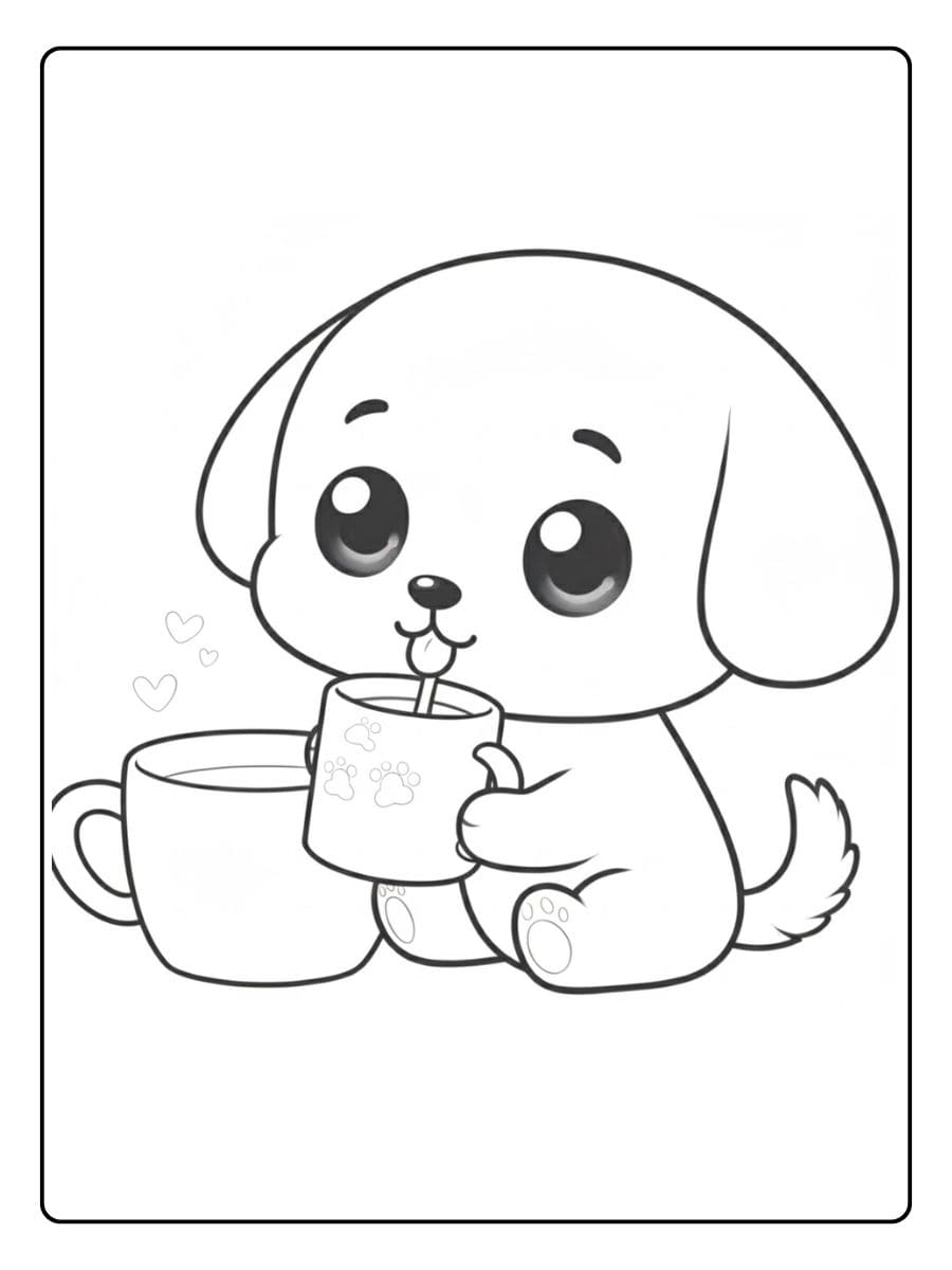 Chiot Kawaii Buvant du Café à Colorier Coloriage Chiot Kawaii