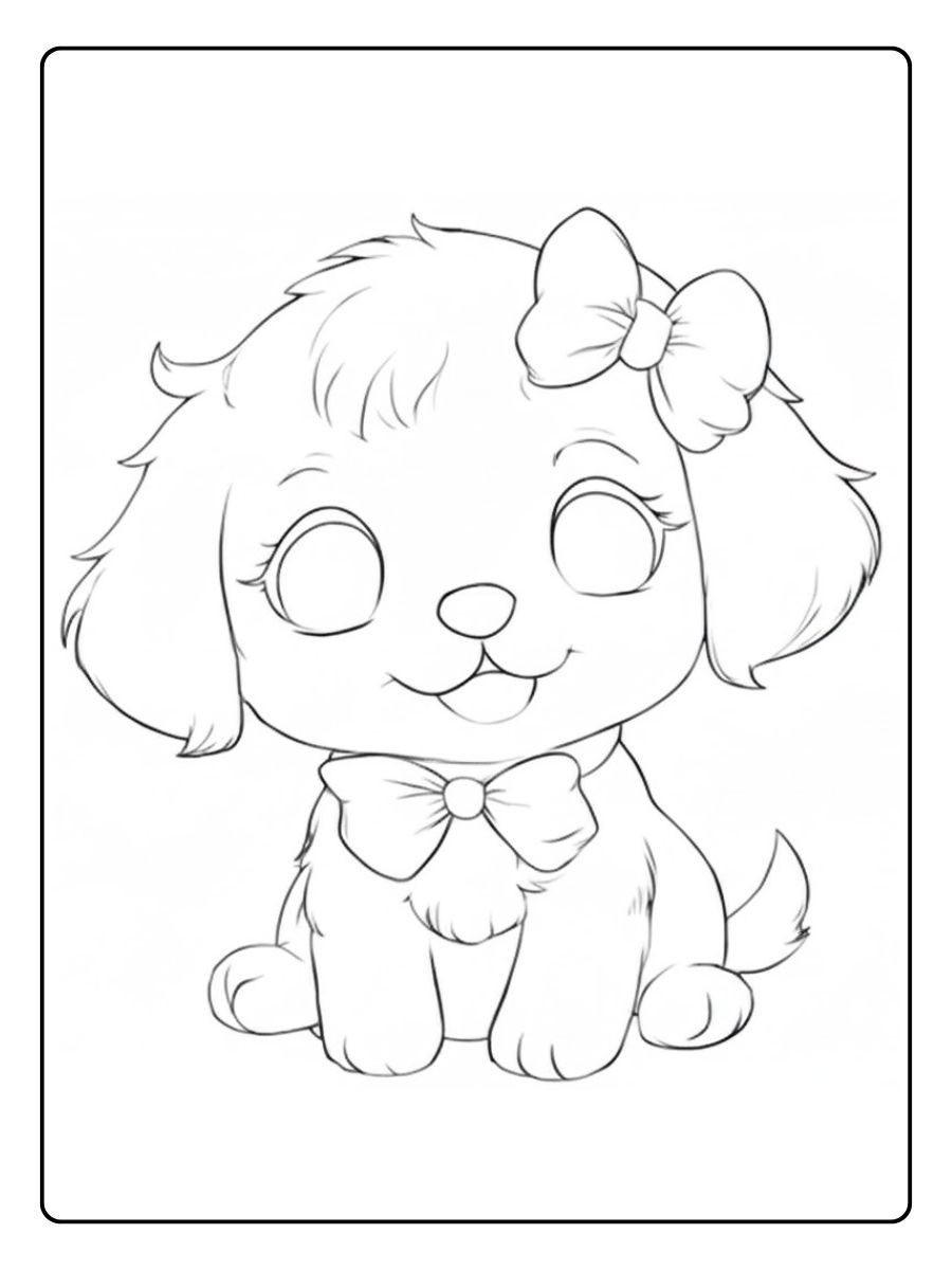 Chiot Kawaii avec Nœud Bleu à Colorier Coloriage Chiot Kawaii