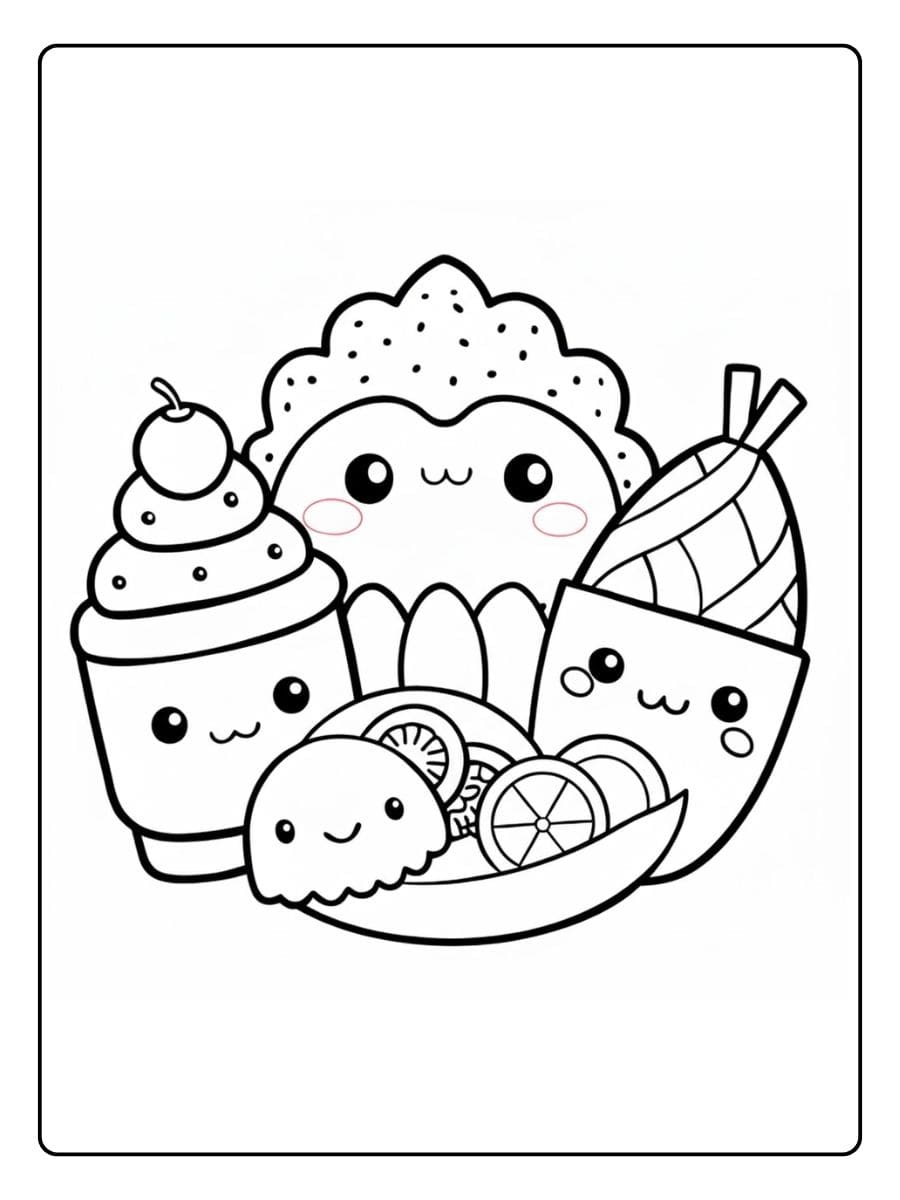 Coloriage Aliment Kawaii (Gratuit à imprimer en PDF) 1 Coloriage Aliment Kawaii Assortiment de Gourmandises Adorables