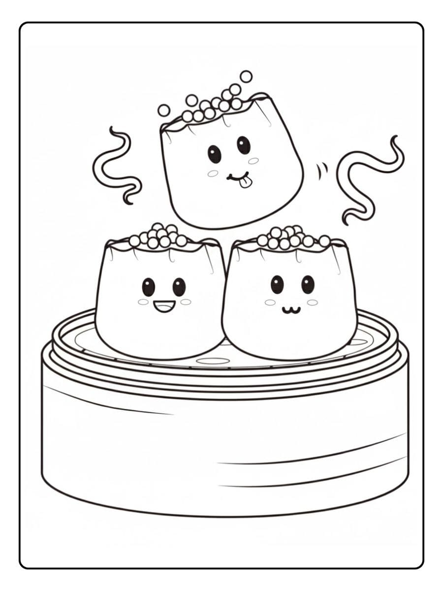 Coloriage Aliment Kawaii Dim Sum Souriants à la Vapeur