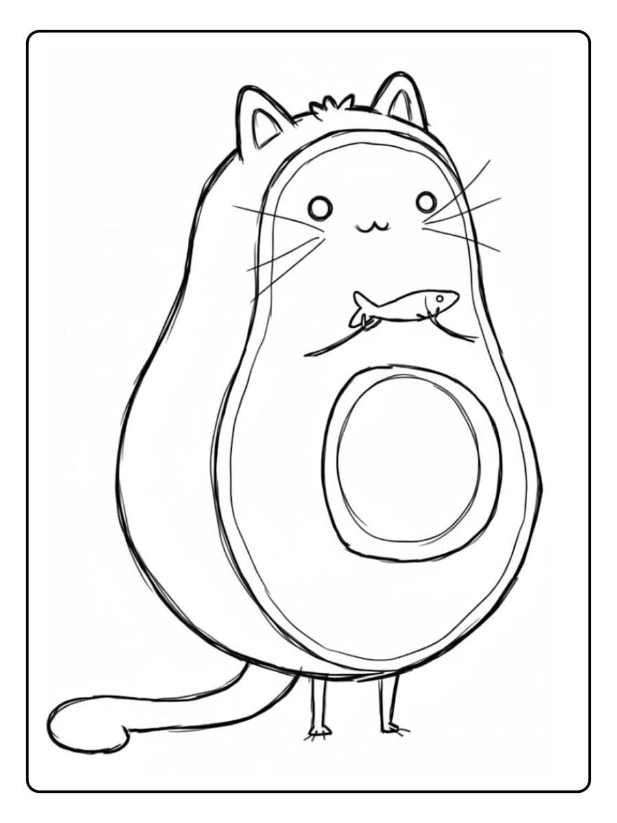 Coloriage Avocat Kawaii Chat Avocat Mignon avec Poisson à Colorier