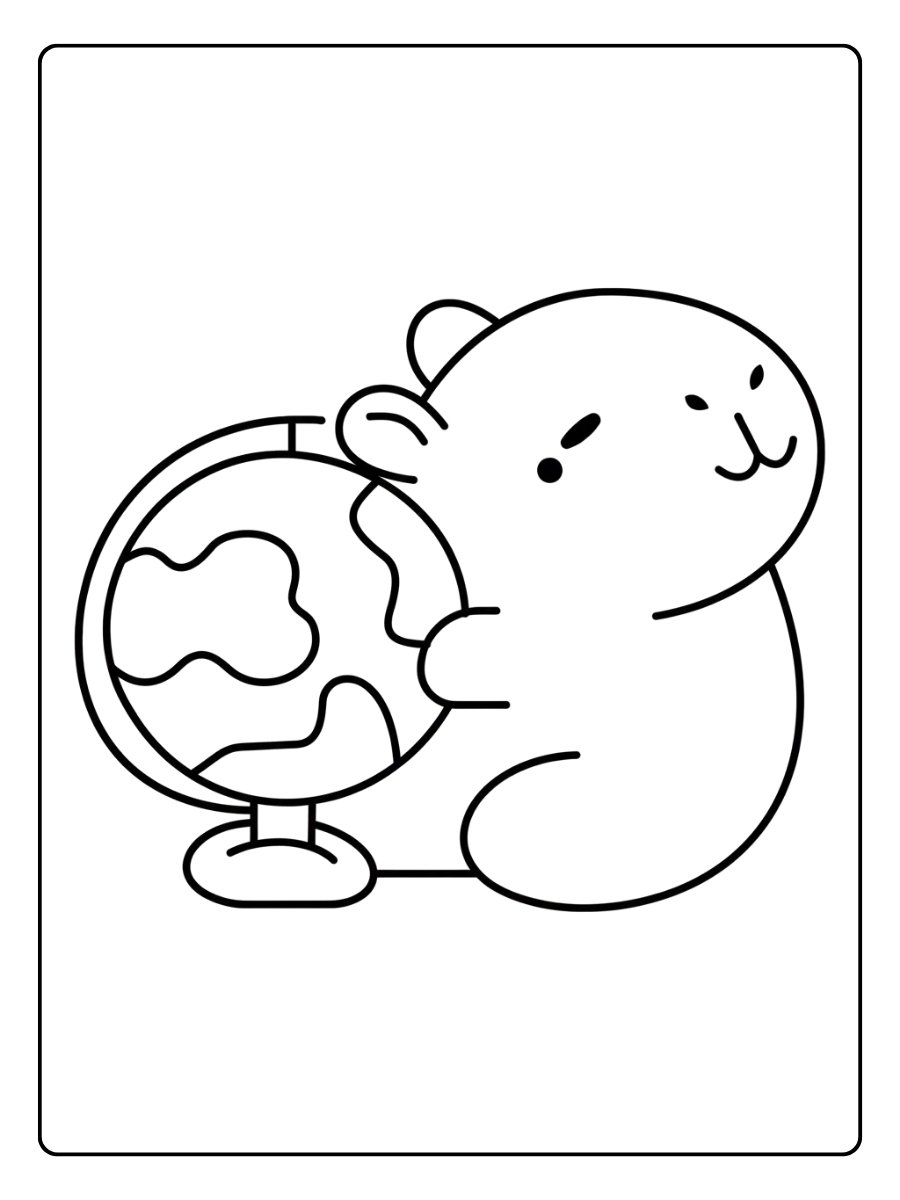 Capybara et le Globe Terrestre Coloriage Capybara Kawaii