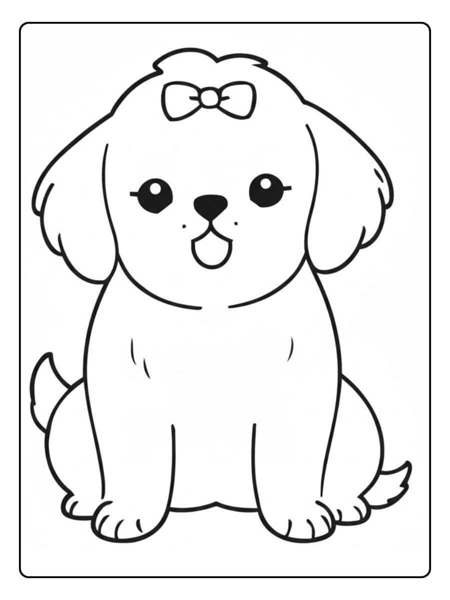 Coloriage Chiot Kawaii Chien Mignon avec Nœud Rose