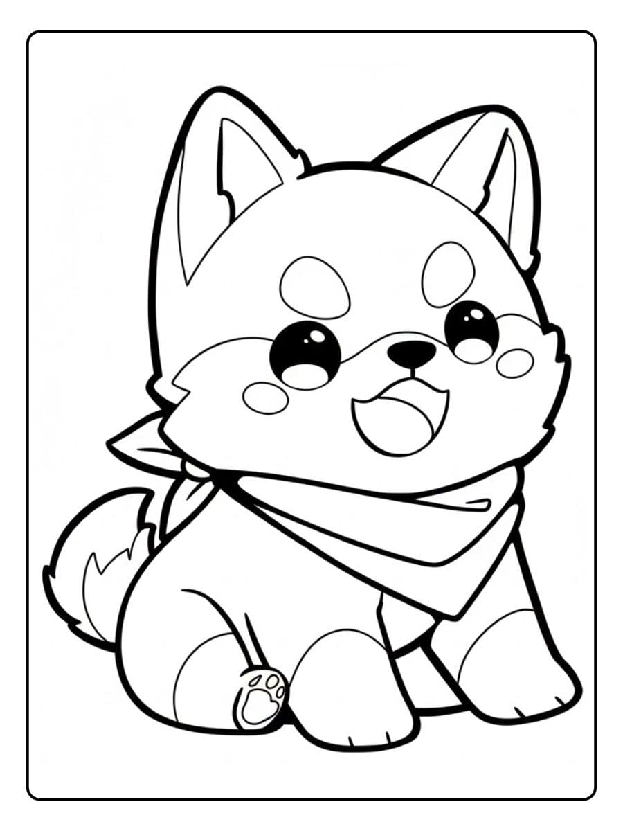 Coloriage Chiot Kawaii Husky Souriant avec Foulard