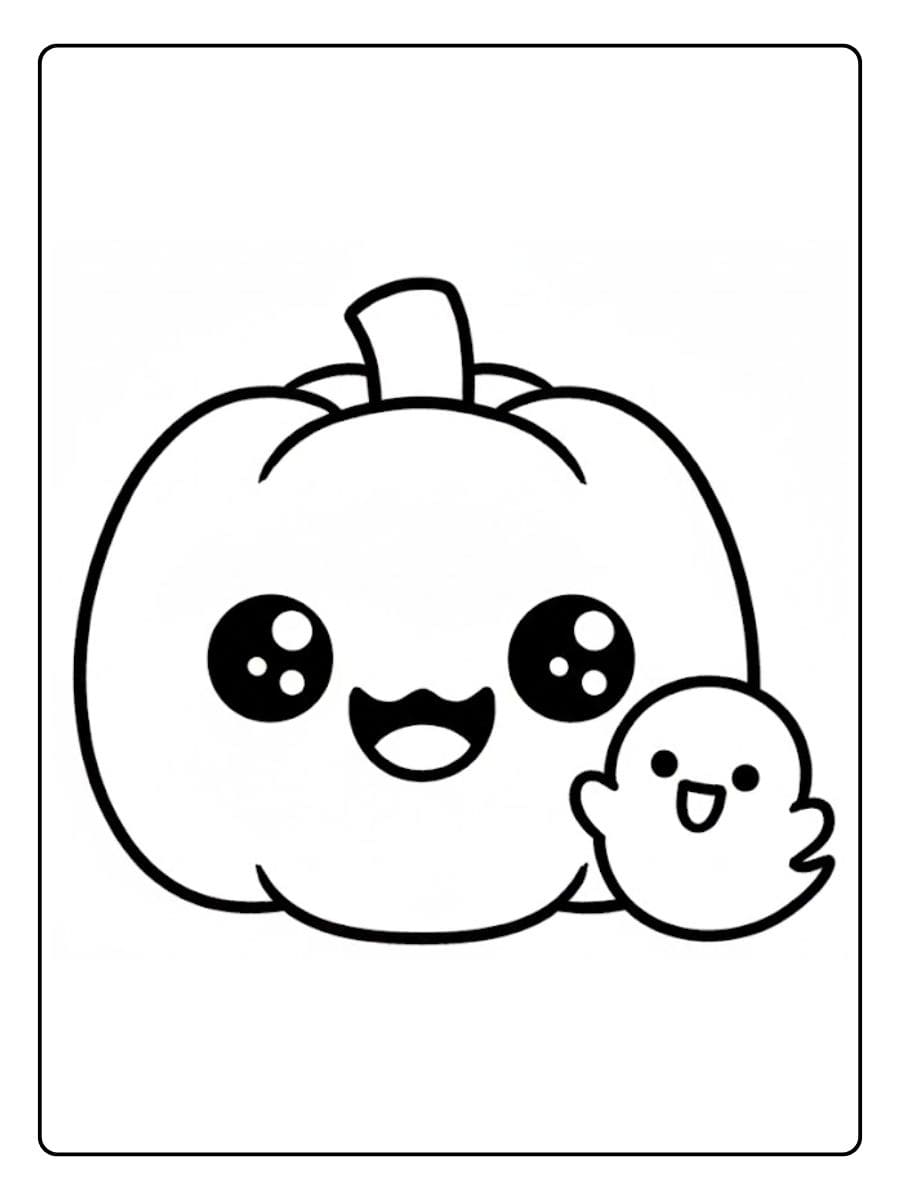 Coloriage Citrouille Kawaii et Fantôme Outline