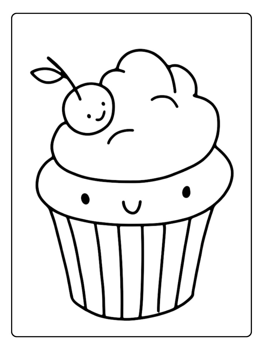 Coloriage Cupcake Kawaii Cerise Souriante