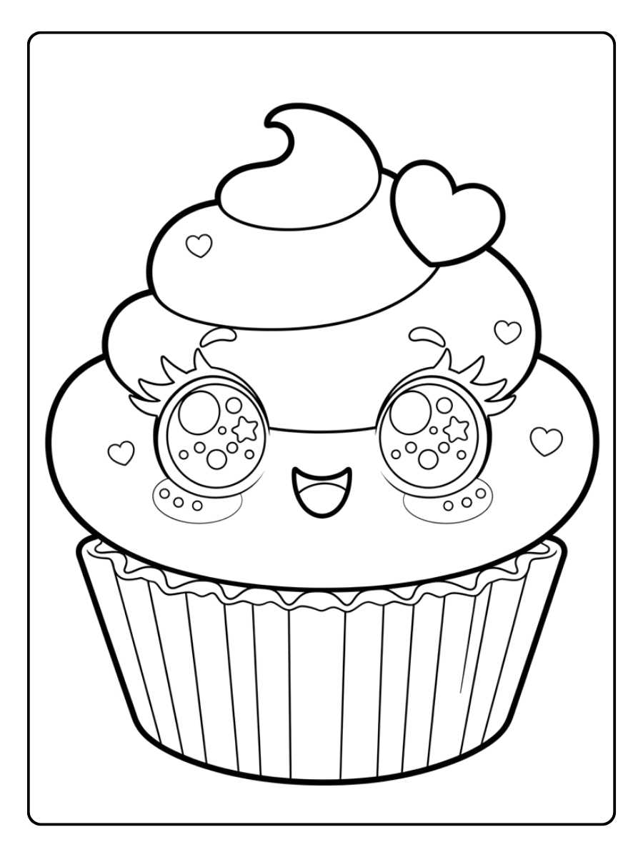Coloriage Cupcake Kawaii Ciel Bleu et Cœurs Roses