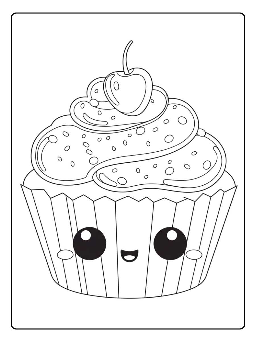 Coloriage Cupcake Kawaii Le Gâteau Souriant à la Cerise