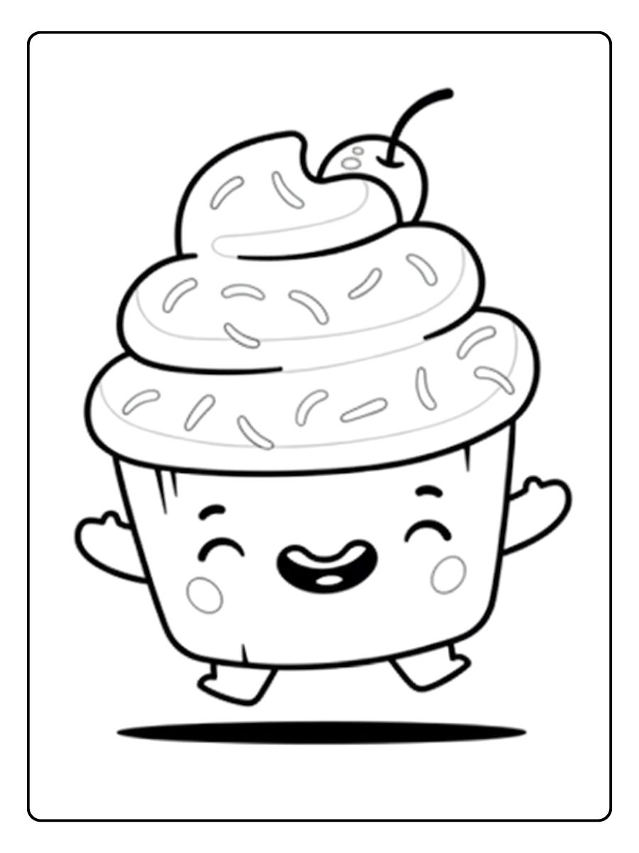 Coloriage Cupcake Kawaii Sautillant avec Cerise
