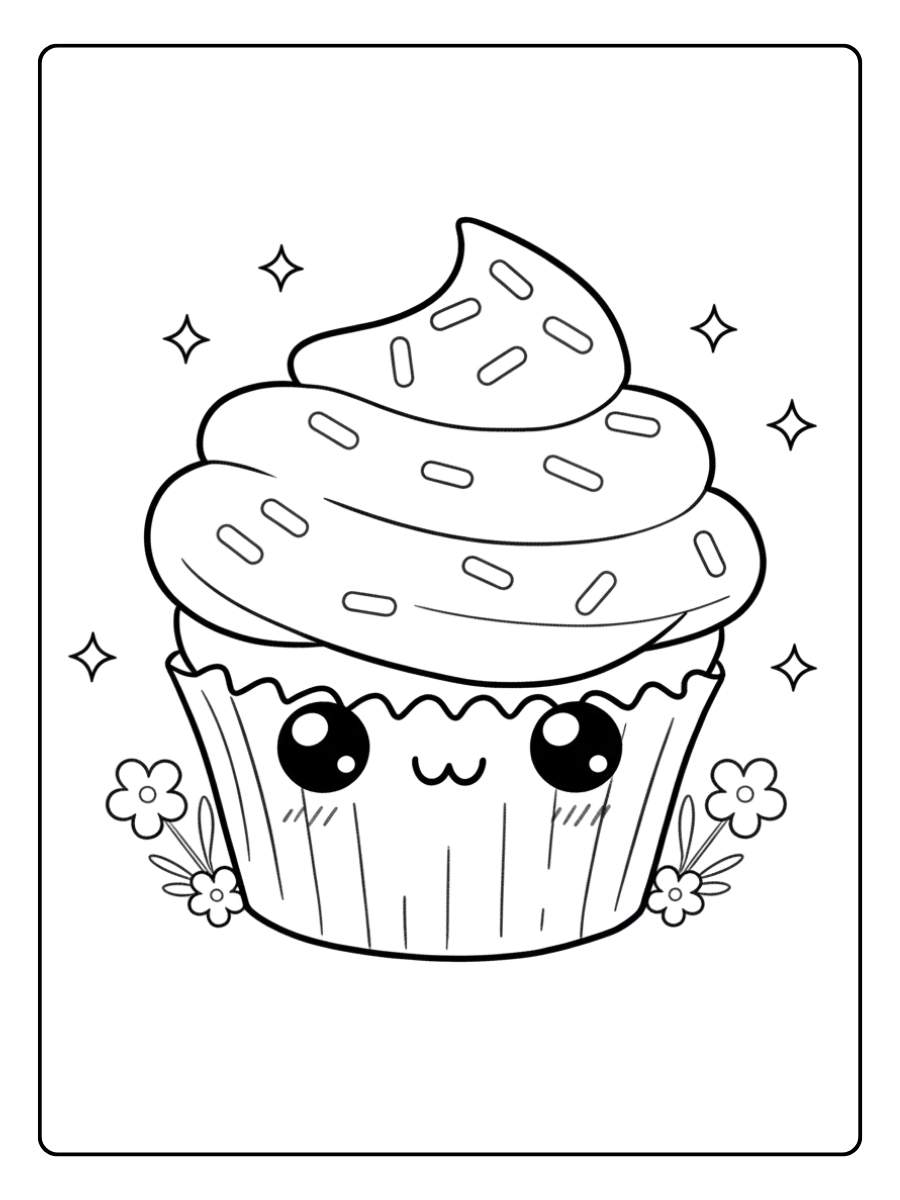 Coloriage Cupcake Kawaii et Fleurs Scintillantes