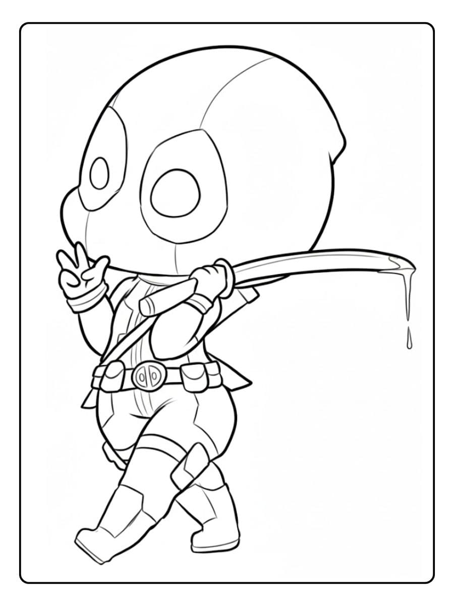 Coloriage Deadpool Kawaii Simple Version Chibi en Noir et Blanc