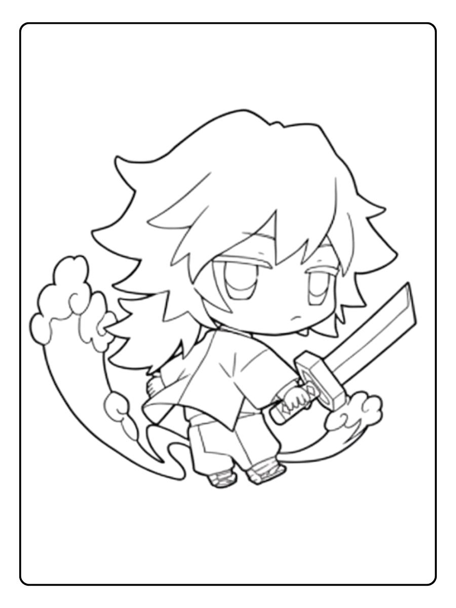 Coloriage Demon Slayer Kawaii Giyu et son Souffle de l'Eau
