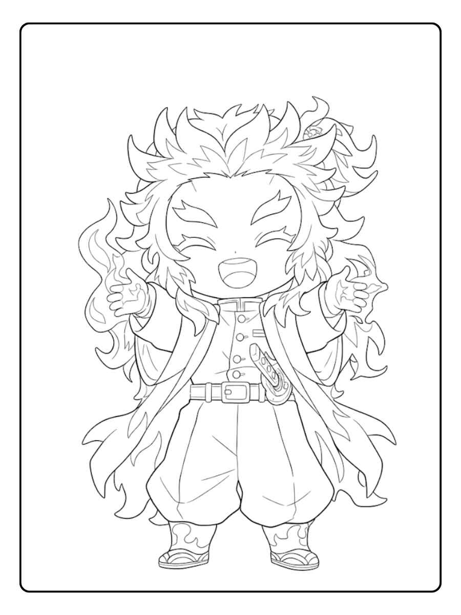Coloriage Demon Slayer Kawaii Rengoku en Flammes