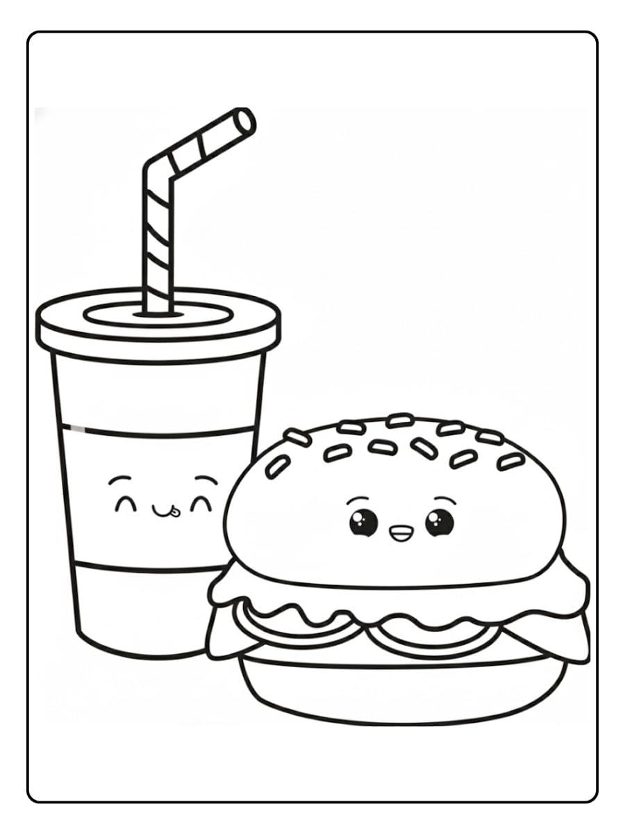 Coloriage Fast Food Kawaii Burger et Boisson Souriants