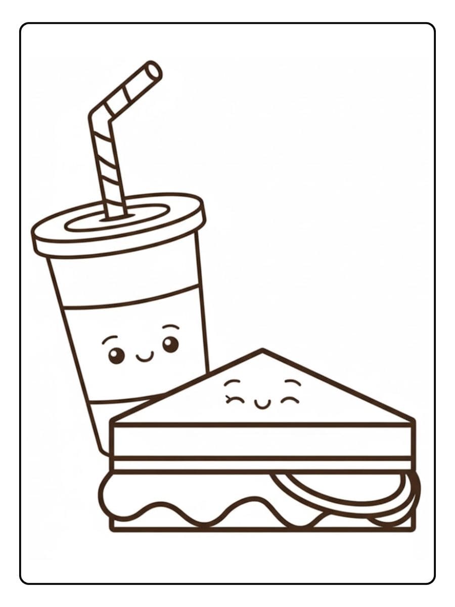 Coloriage Fast Food Kawaii Sandwich et Boisson Mignons