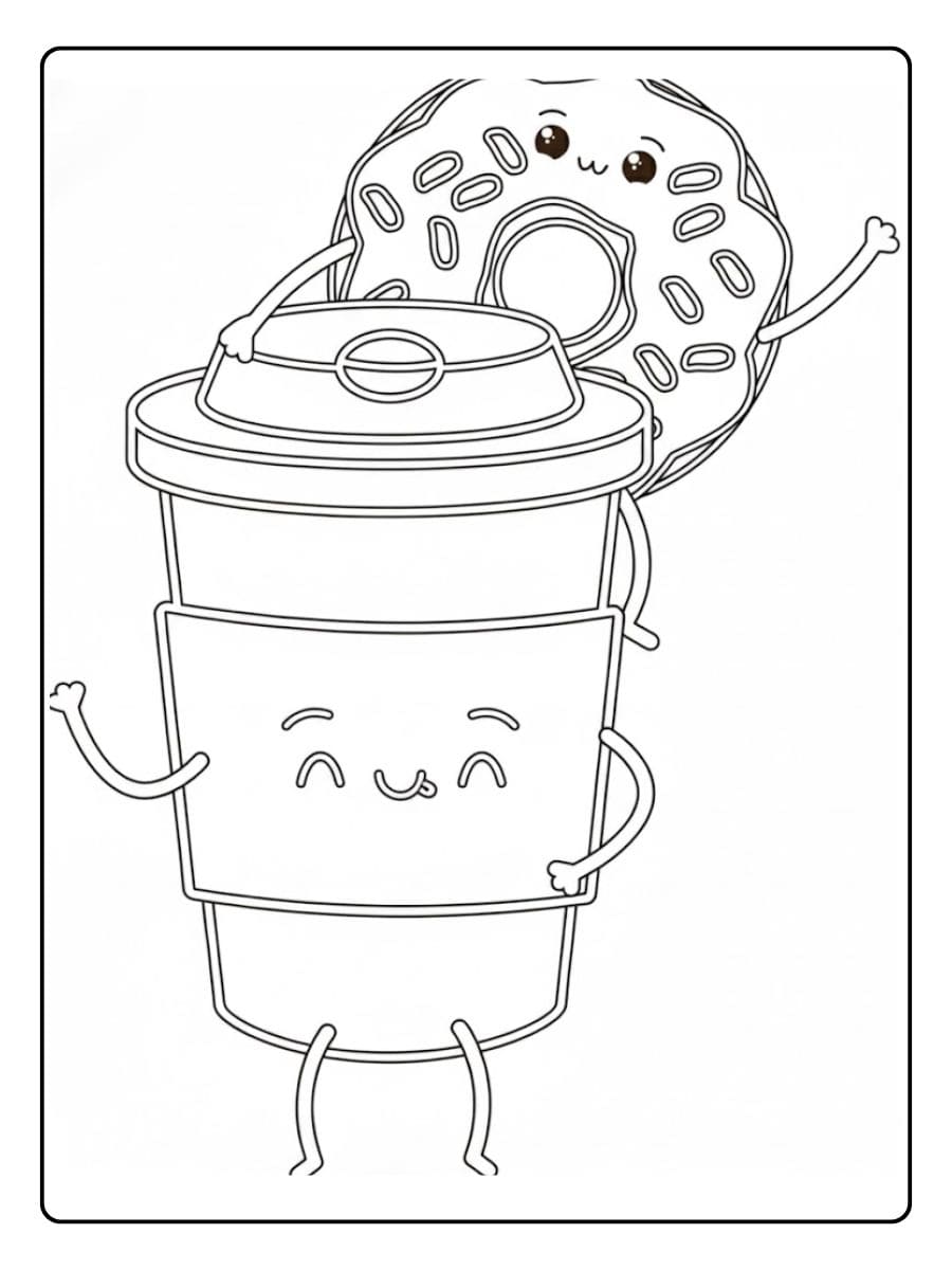 Coloriage Fast Food Kawaii Donut et Café Joyeux