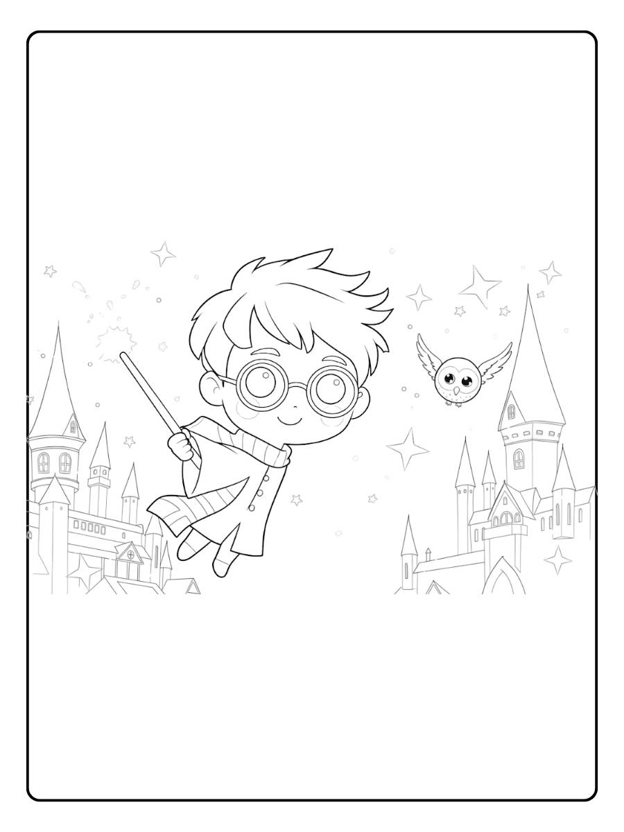 Coloriage Harry Potter Kawaii En Plein Vol au dessus de Poudlard