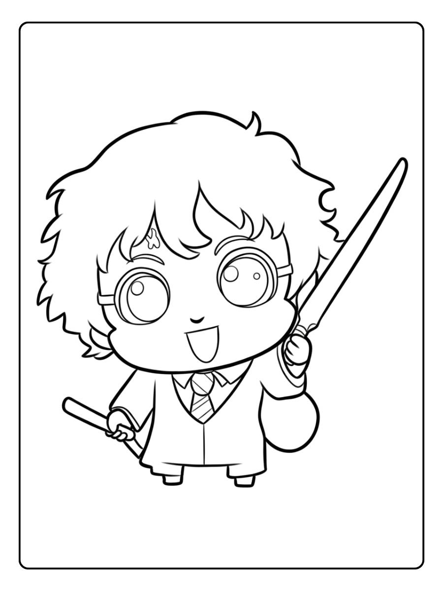 Coloriage Harry Potter Kawaii Le Sorcier Rigolo et sa Baguette