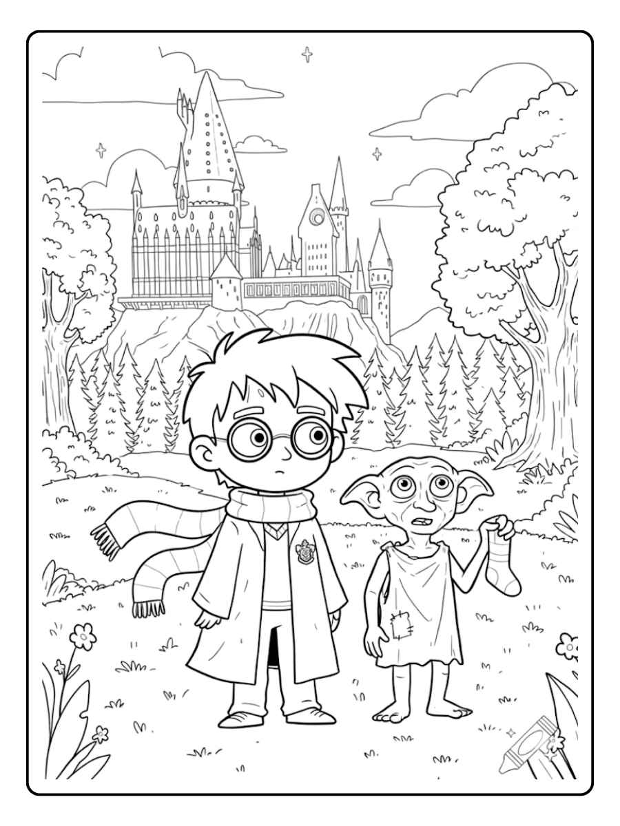 Coloriage Harry Potter Kawaii Rencontre avec Dobby à Poudlard