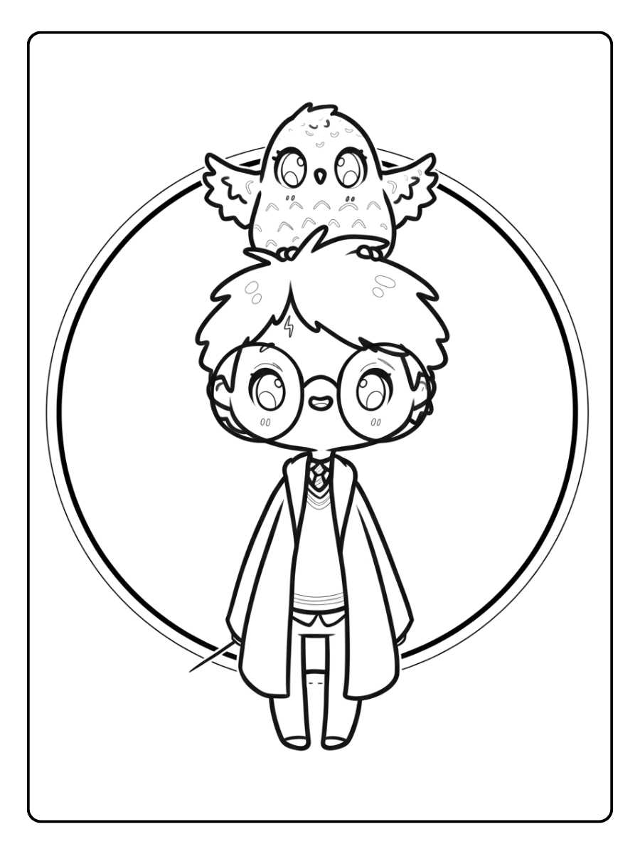 Coloriage Harry Potter Kawaii et Hedwig