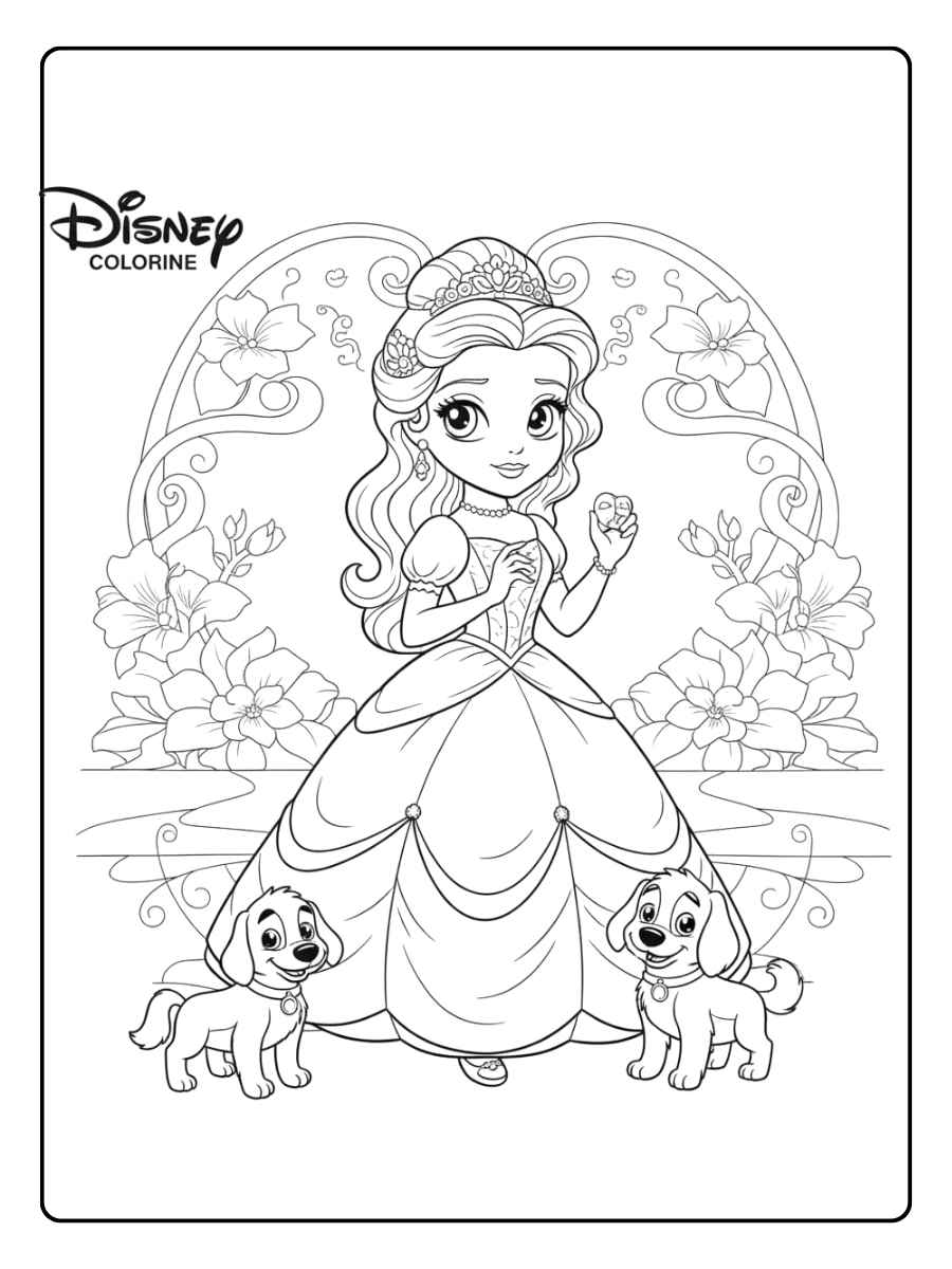 Coloriage Kawaii Disney Princesse Belle et son Chien Adorable