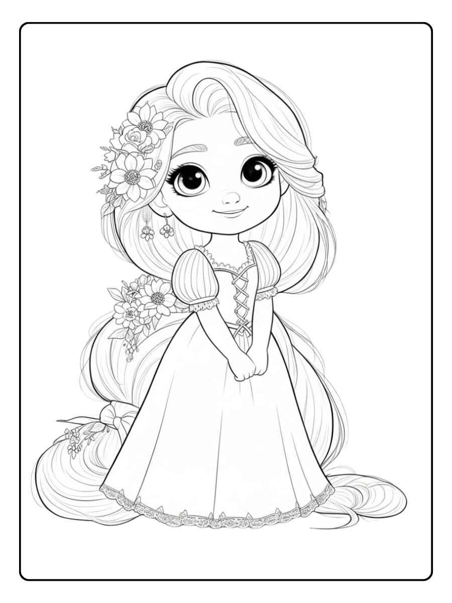 Coloriage Kawaii Disney Princesse Raiponce aux Cheveux Fleuris
