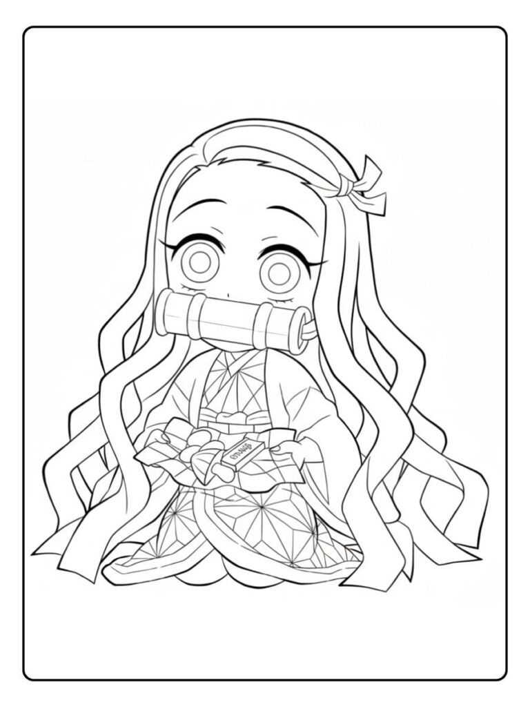 Coloriage Gratuit à Imprimer – Dessins à Colorier PDF & PNG 155 Coloriage Nezuko Kawaii Chibi Manga à Simples Contours