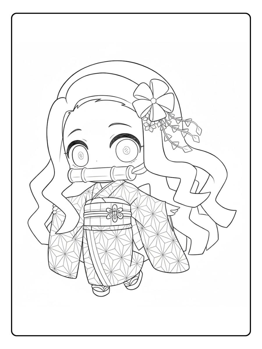 Coloriage Nezuko Kawaii Mignonne Kimono et Bambou