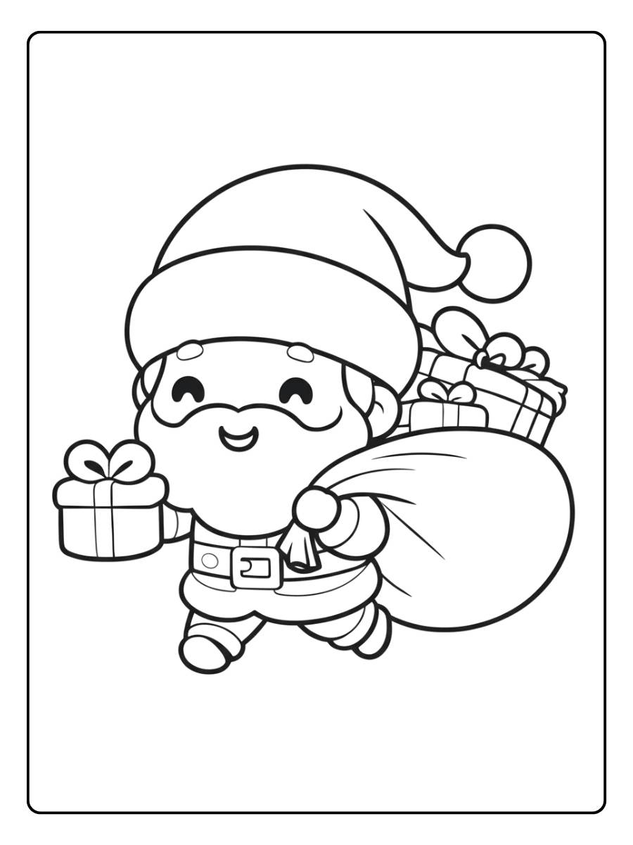 Coloriage Noel Kawaii Petit Père Noël et sa Hotte de Cadeaux