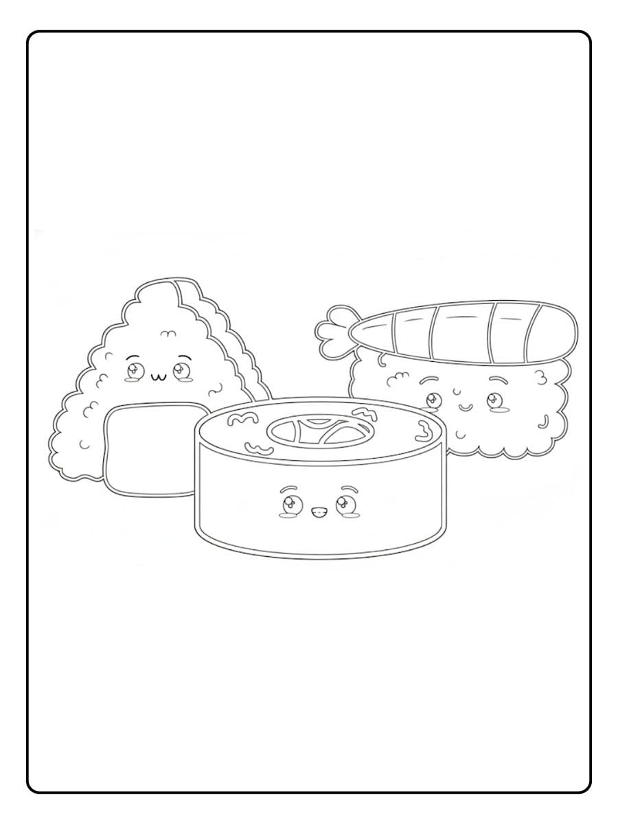 Coloriage Sushi Kawaii Assortiment de Sushis Amusants