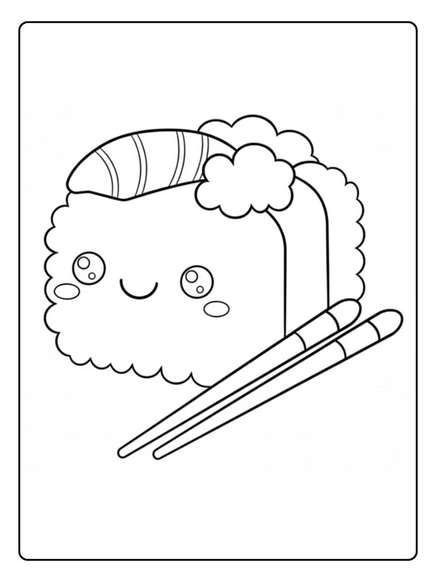 Coloriage Sushi Kawaii Nigiri Souriant et Baguettes