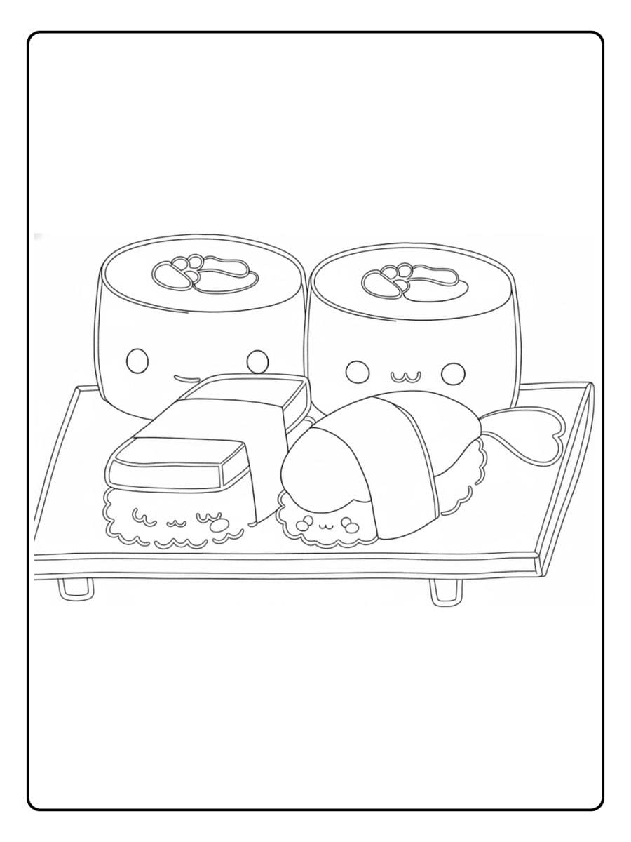 Coloriage Sushi Kawaii Plateau de Sushi Amusant