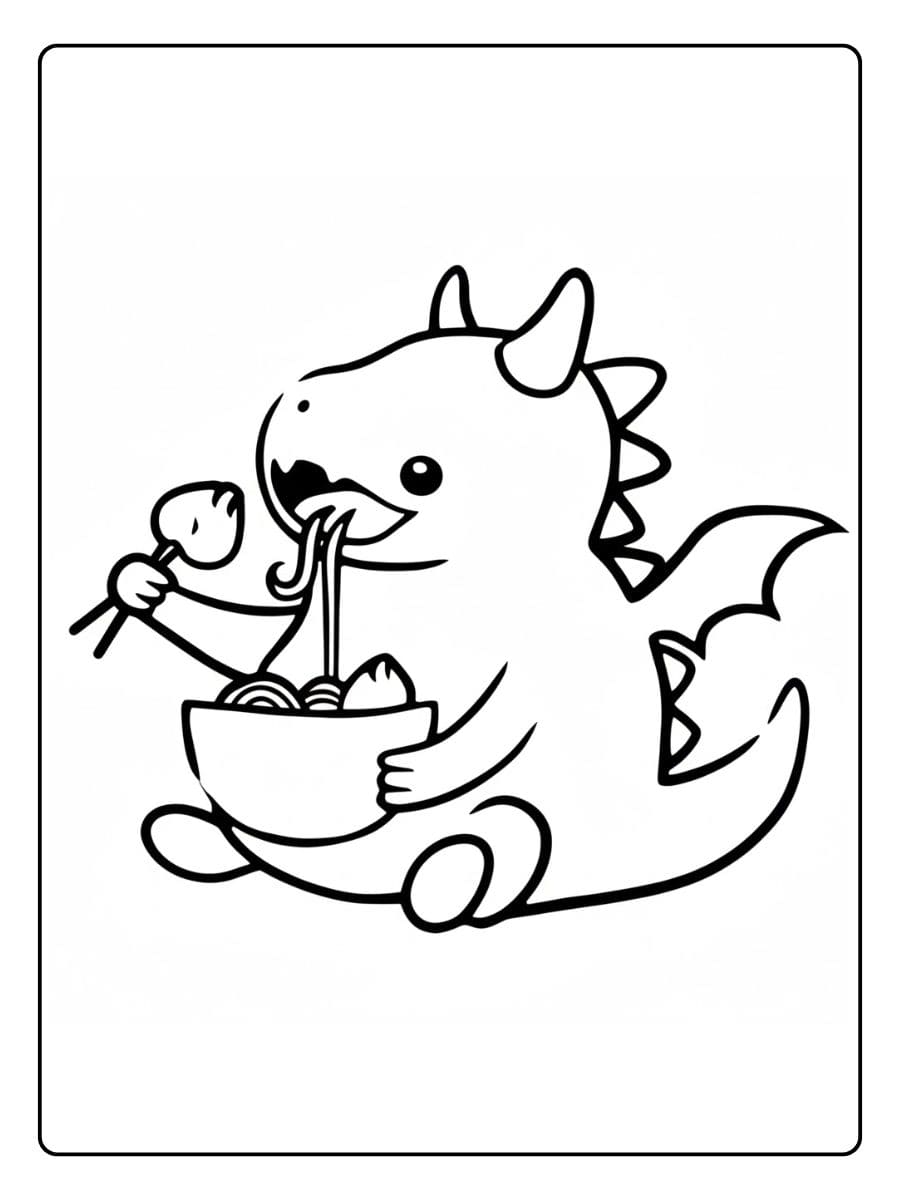 Coloriage dragon kawaii Mignon petit dragon en train de manger des nouilles