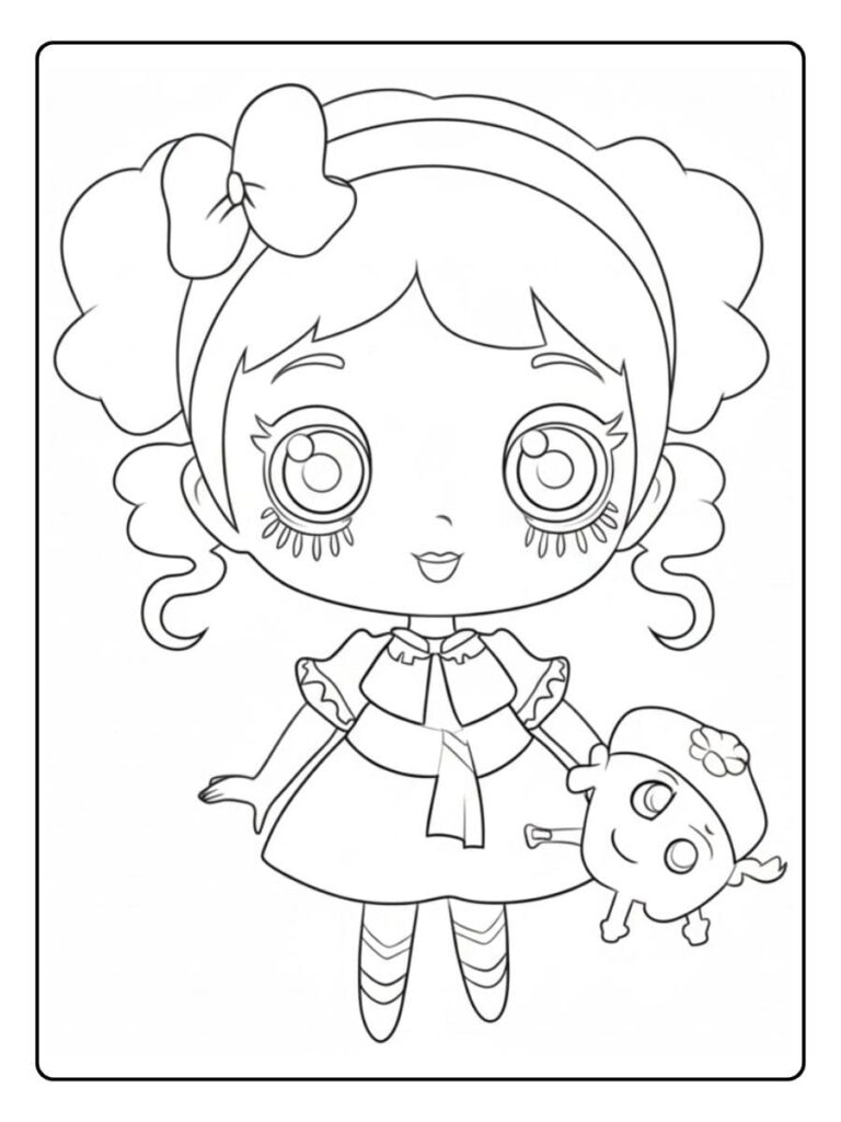 Coloriage Gratuit à Imprimer – Dessins à Colorier PDF & PNG 96 Poupée mignonne avec jouet à colorier Kawaii