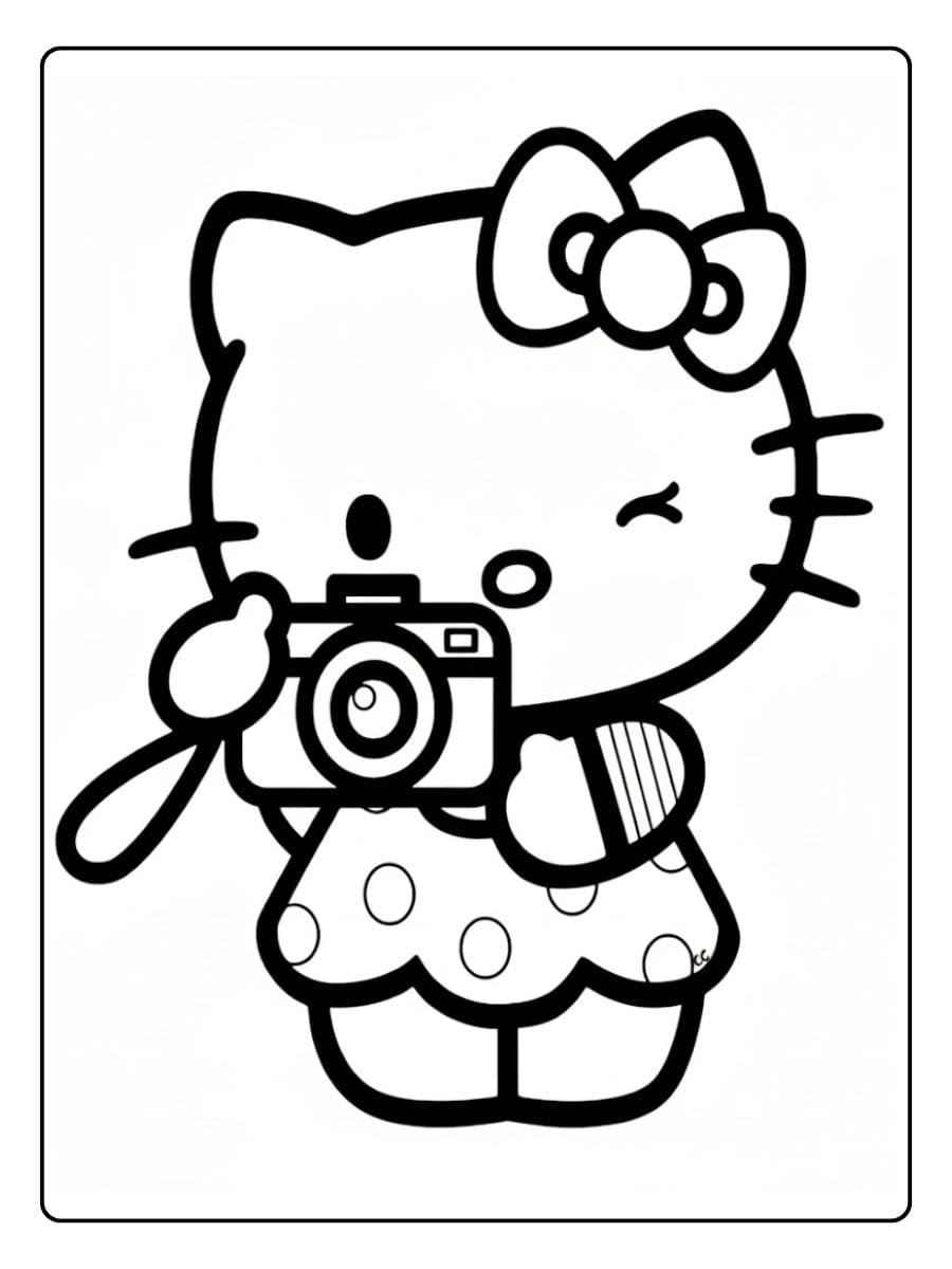 Dessin à Colorier Hello Kitty Kawaii et son Appareil Photo