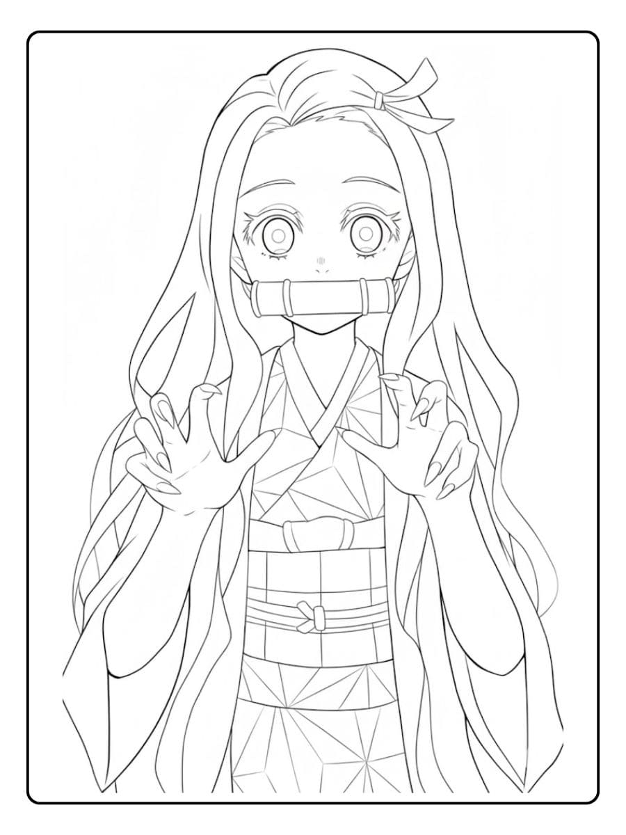 Dessin à Colorier Nezuko Kawaii Chibi Heureuse