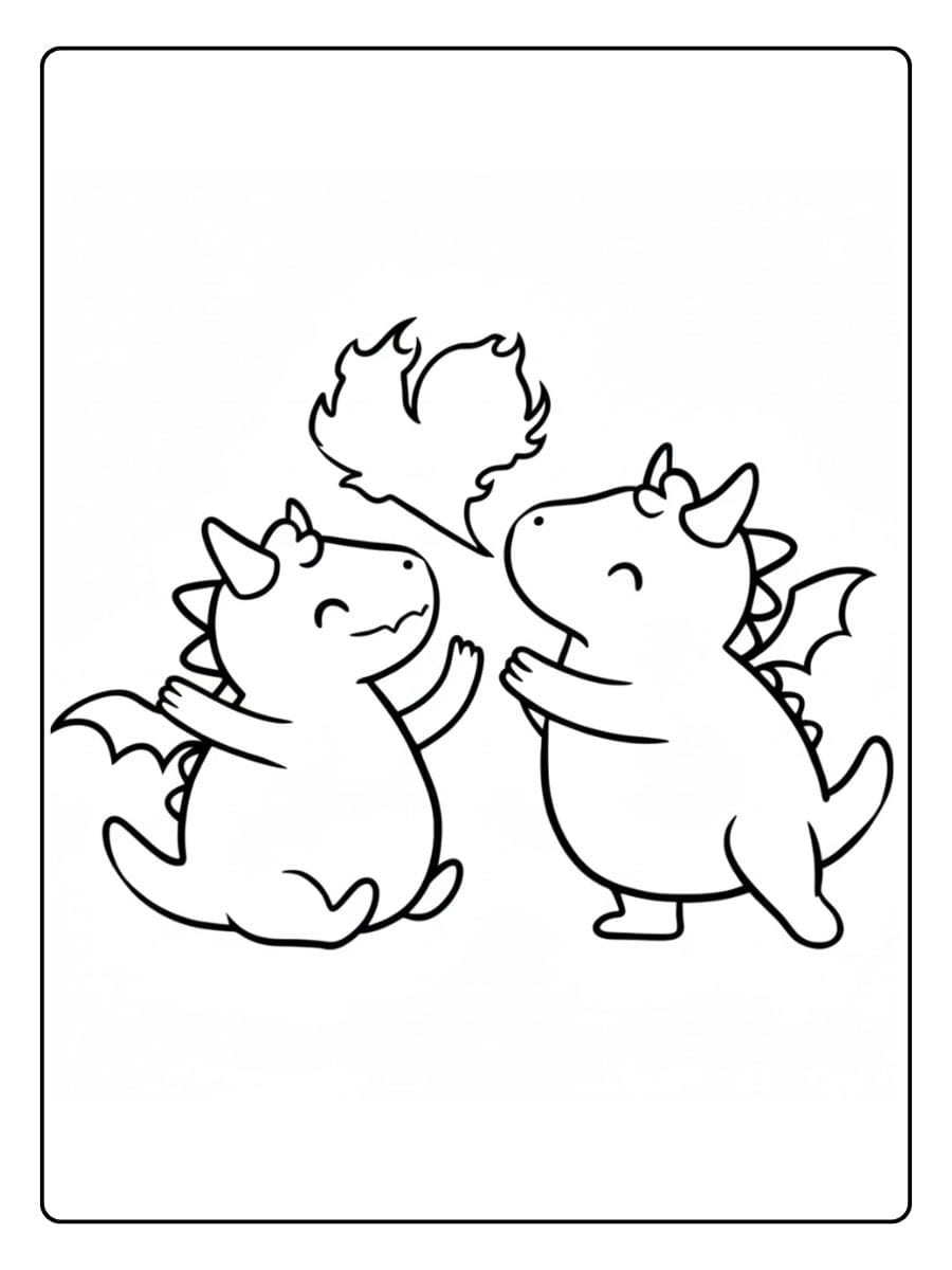 Dessin à colorier de dragons kawaii en forme de cœur