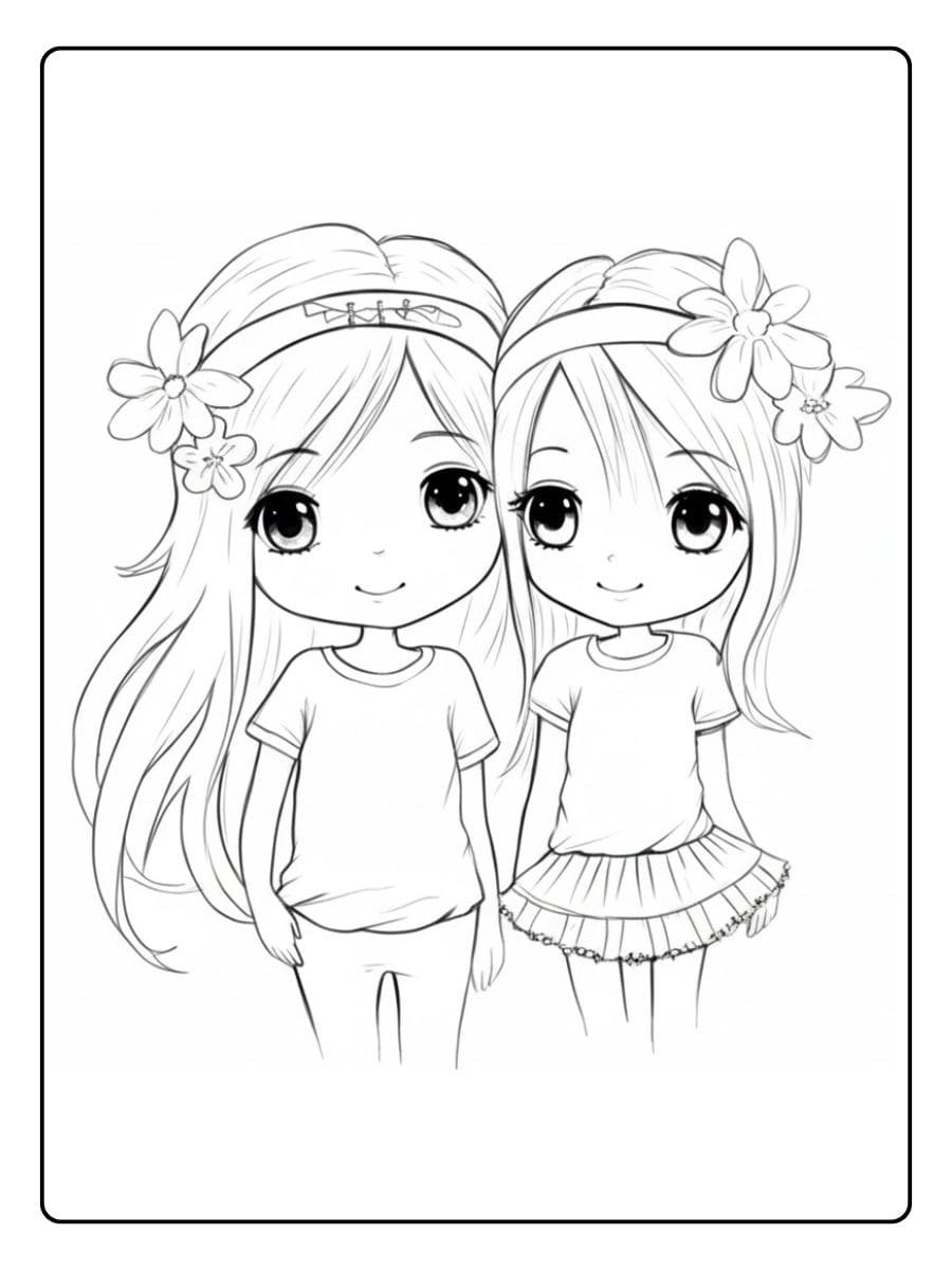 Deux Amies Kawaii avec Fleurs à Colorier Coloriage BFF Kawaii