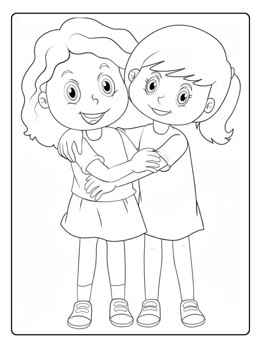 Deux Filles Amies S'étreignant à Colorier Coloriage BFF Kawaii