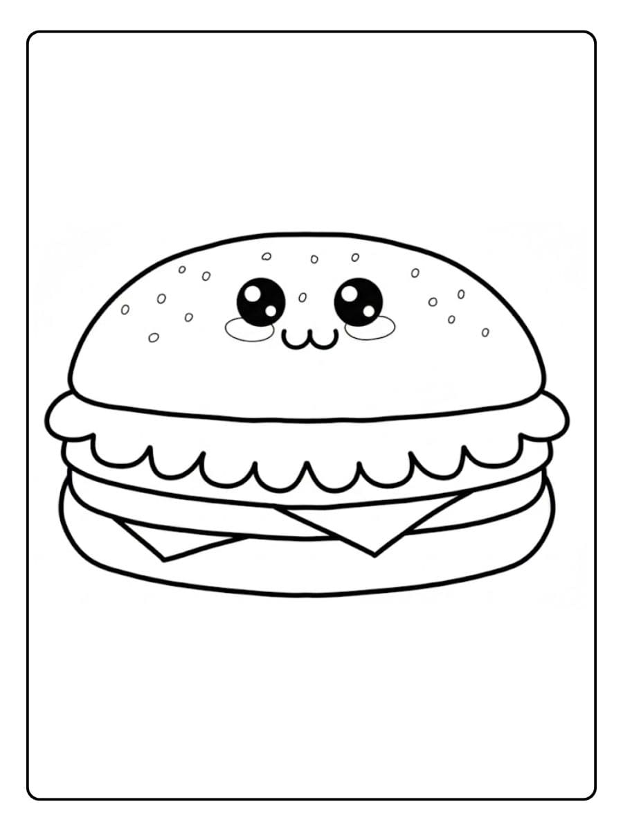Hamburger Kawaii Souriant à Colorier Coloriage Aliment Kawaii