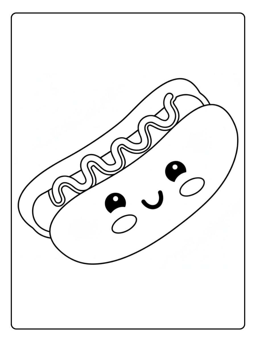 Hot Dog Kawaii Souriant à Colorier Coloriage Fast Food Kawaii