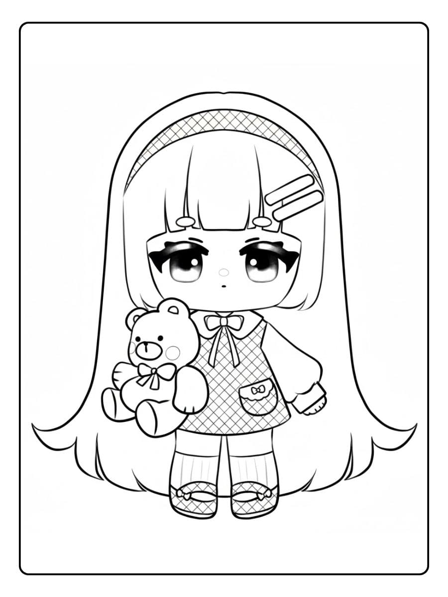 Kawaii Doll Coloriage with Teddy Bear