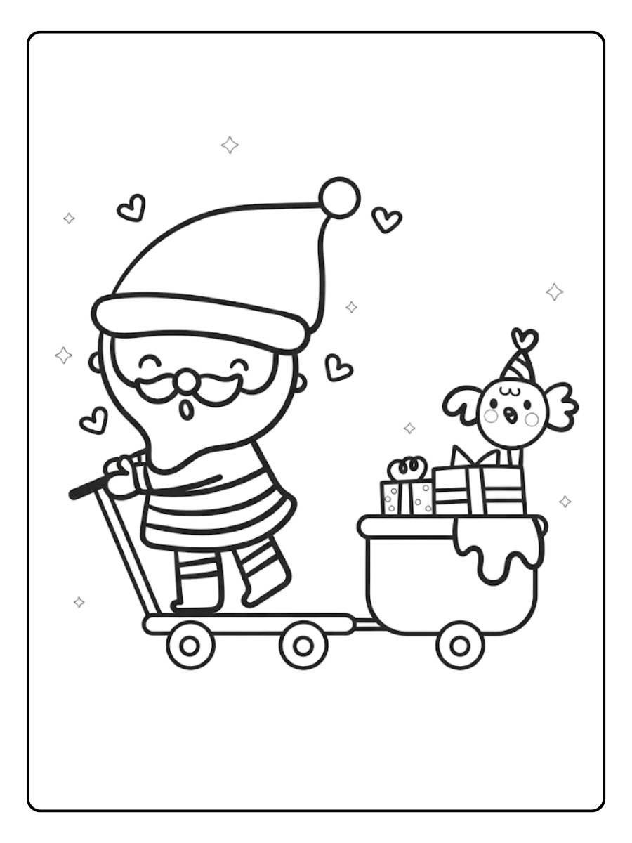 Père Noël en Trotinette Coloriage Noel Kawaii