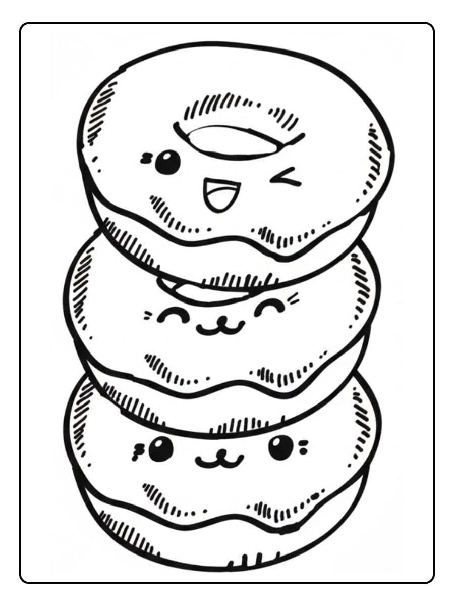 Pile de Donuts Kawaii à Colorier Coloriage Aliment Kawaii