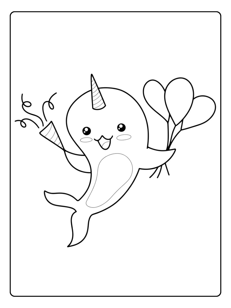 coloriage kawaii animaux narwhal with balloons