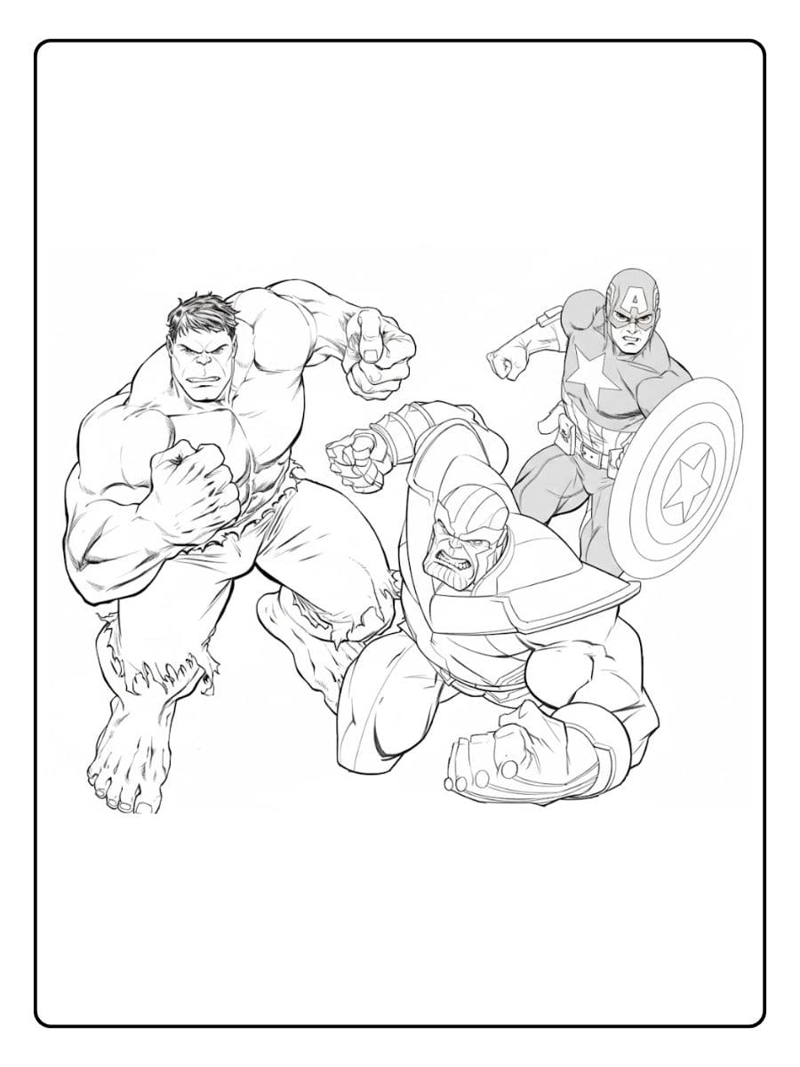 Coloriage Avengers Hulk, Thanos et Captain America en Noir et Blanc