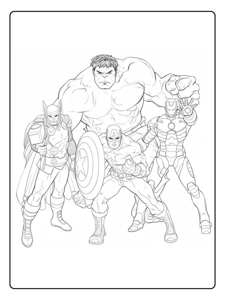 Coloriage Gratuit à Imprimer – Dessins à Colorier PDF & PNG 166 Coloriage Marvel Avengers Thor, Hulk, Iron Man, Captain America