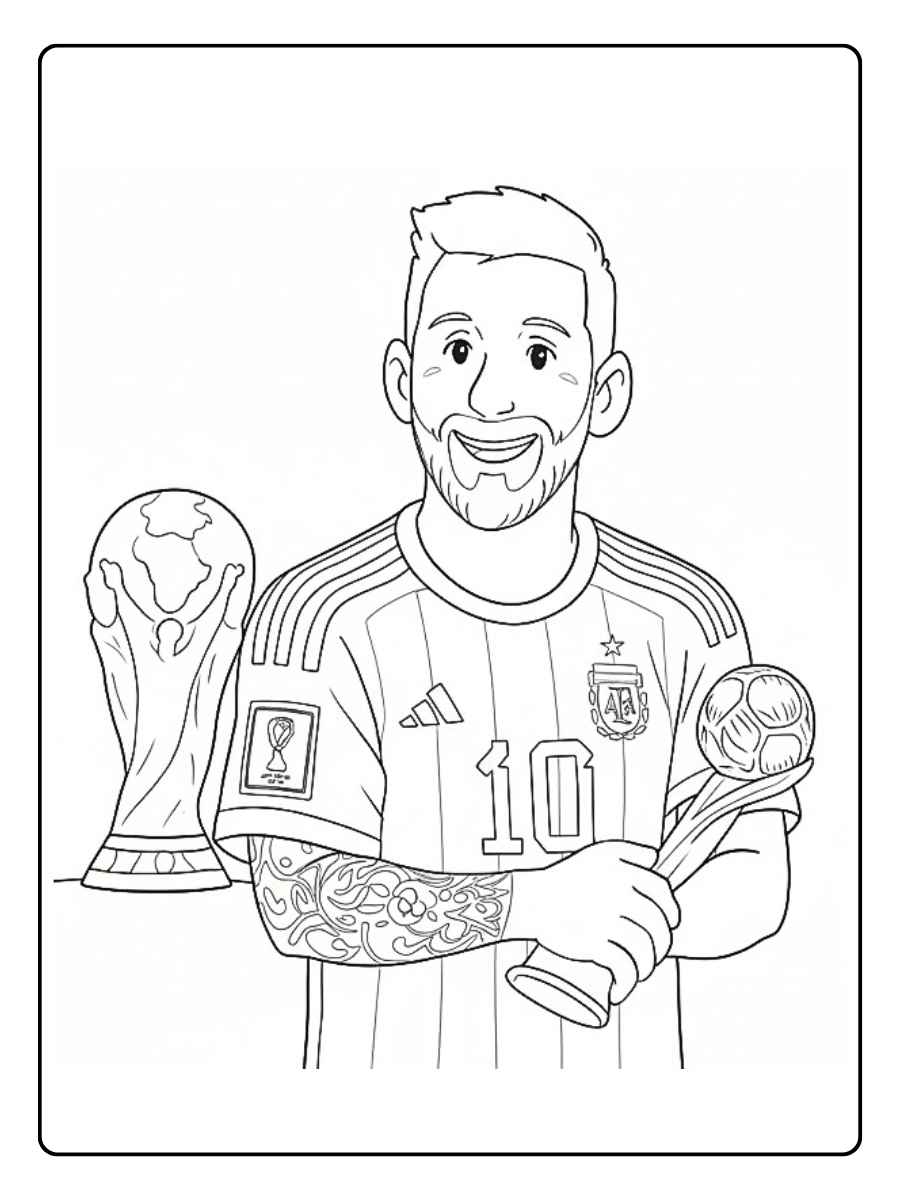 Coloriage Messi tenant la Coupe du Monde
